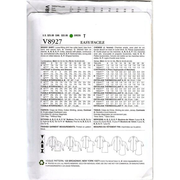 Vogue V8927 Misses 8 to 16 Shirt, Top, Blouse, Tunic Uncut Sewing Pattern 2021 - Picture 2 of 2